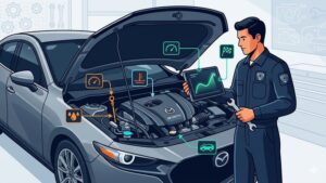 Современная иллюстрация процесса обкатки нового контрактного двигателя Mazda для статьи в блоге компании