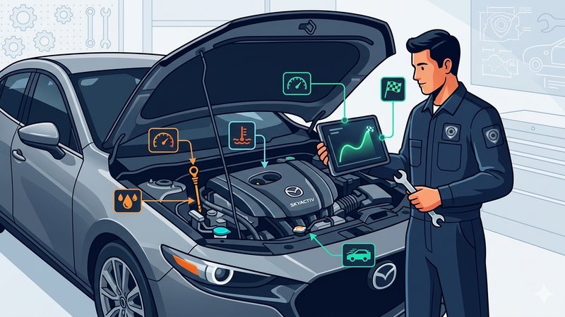 Современная иллюстрация процесса обкатки нового контрактного двигателя Mazda для статьи в блоге компании