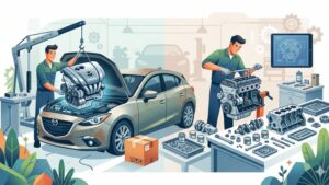 Сравнение контрактного двигателя и капитального ремонта мотора Mazda на чистом современном фоне